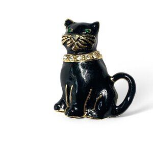 Monet Vintage Signed Black Cat Enamel Brooch With Rhinestone Collar & Green Eyes